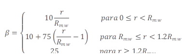 β={■(10 r/R_mw                    para 0≤r<R_mw@10+75(r/R_mw -1)      para R_mw≤r<1.2R_mw@25                        para r≥1.2R_mw )┤