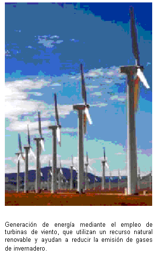 Cuadro de texto:Generación de energía mediante el empleo de turbinas de viento, que utilizan un recurso natural renovable y ayudan a reducir la emisión de gases de invernadero.